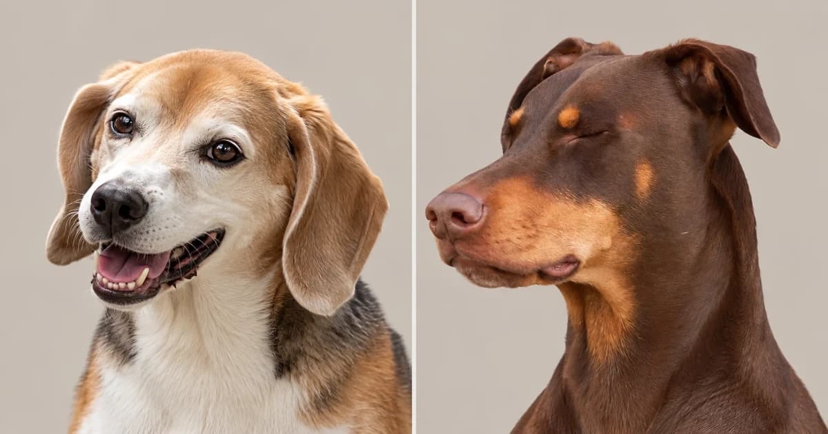Separate portraits of a tricolor Beagle with an open mouth and a brown Doberman with closed eyes.