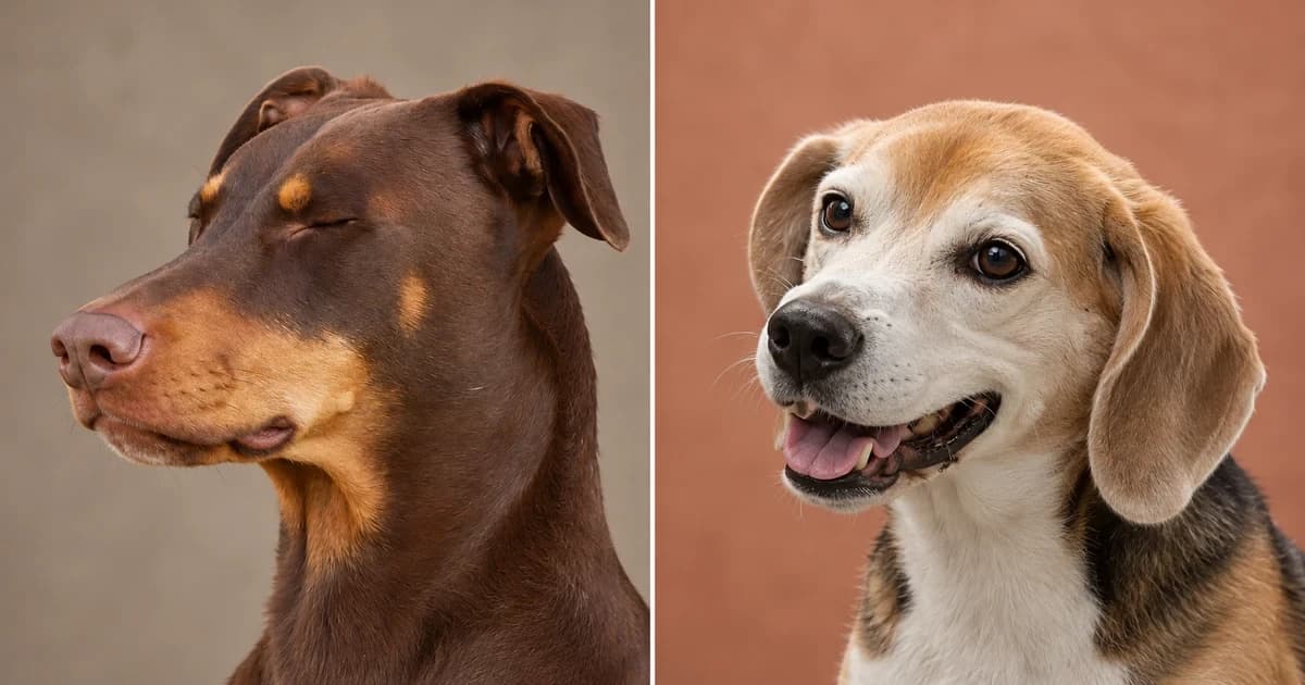 Separate portraits of a closed-eyed brown Doberman and an open-mouthed tricolor Beagle.