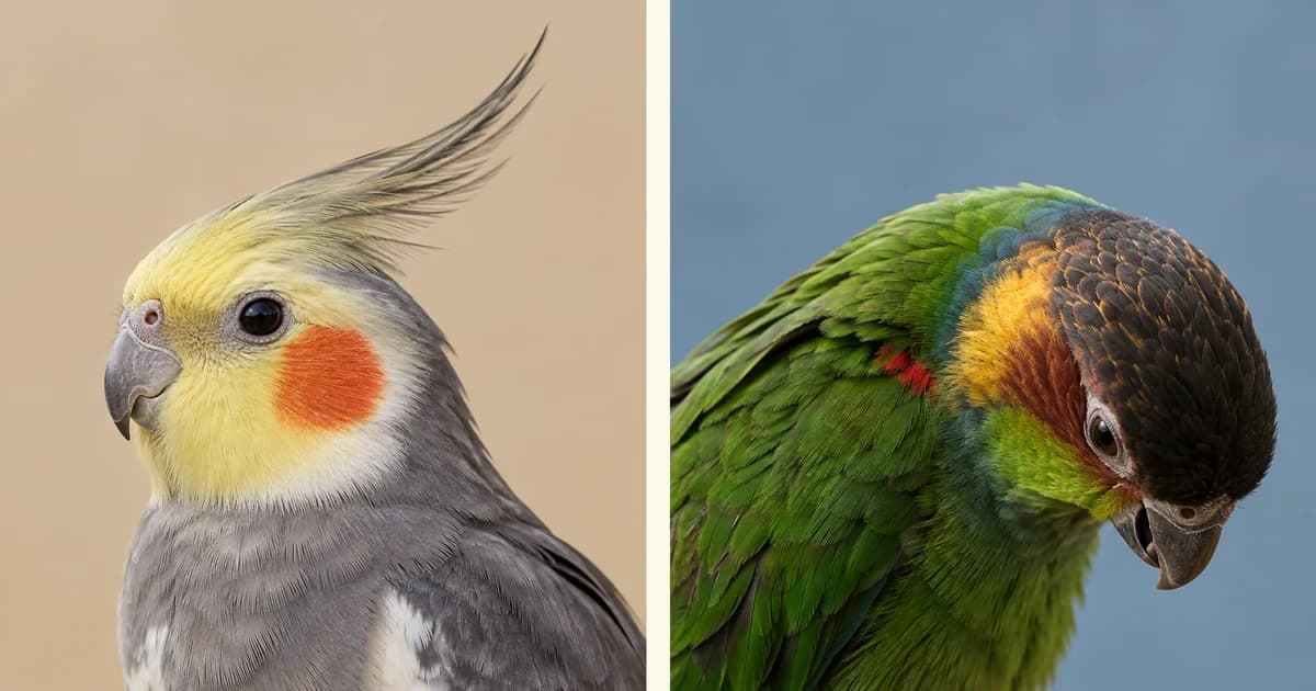 Separate portraits of a yellow-faced gray cockatiel and a green parrot with its head lowered.