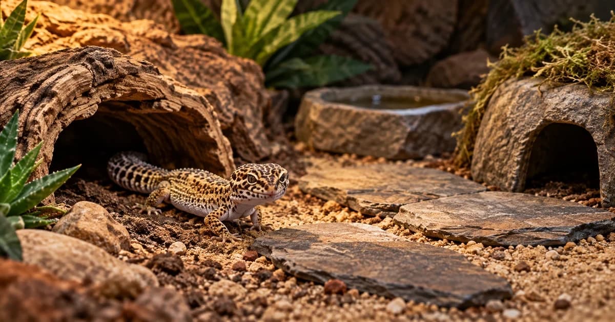 Leopard gecko with hides and slate.