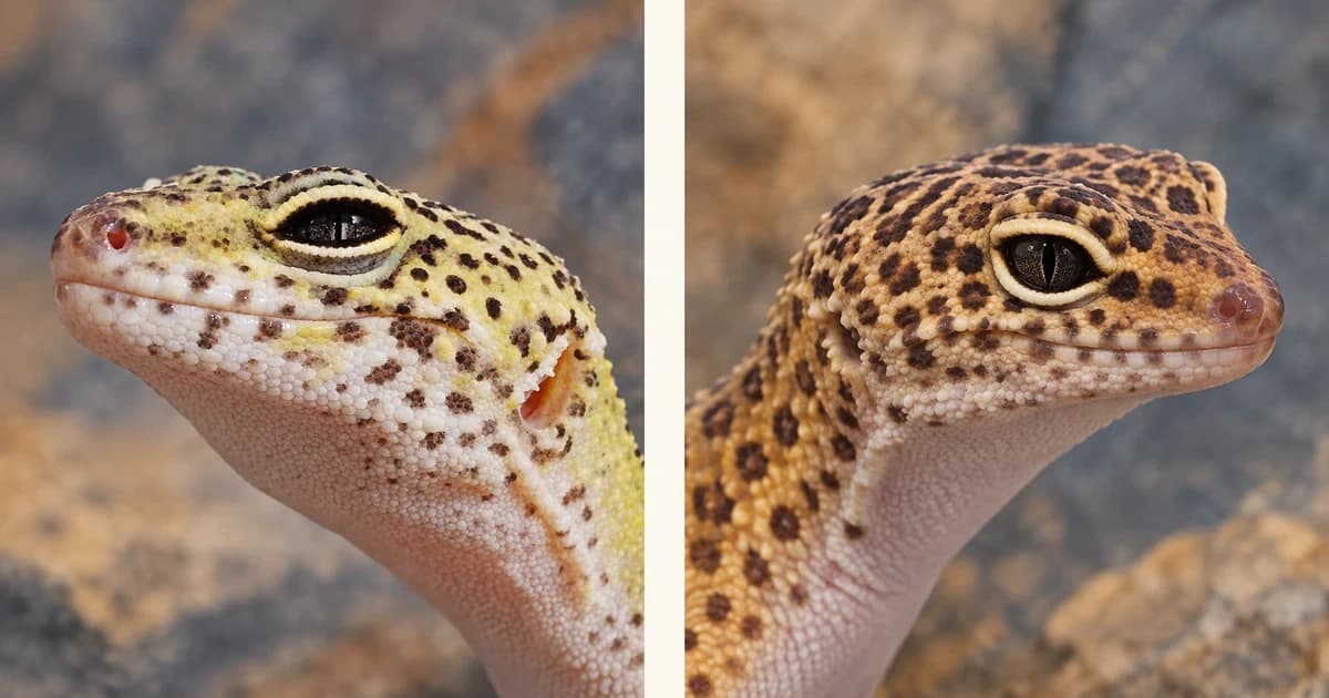 Two leopard geckos in separate portrait panels.