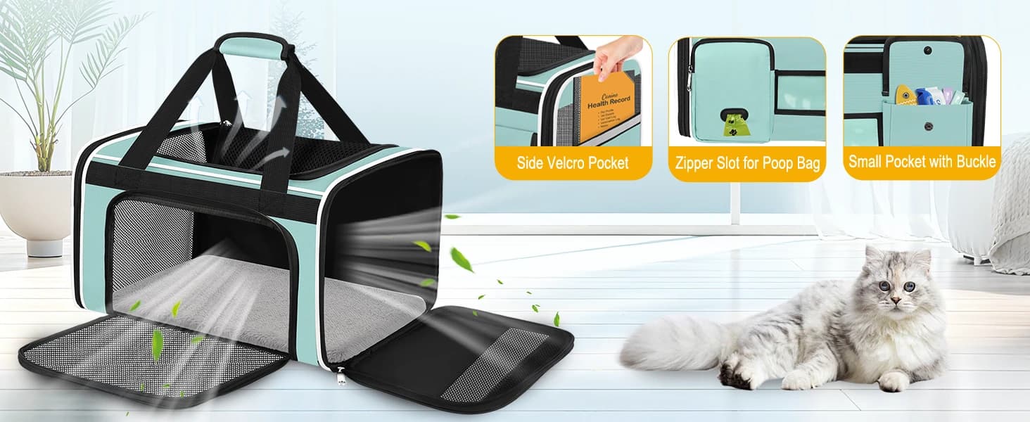 Large Cat Carrier — Soft Sided Travel Pet Carrier Airline Approved — The built-in leash ensures your pet won't escape.