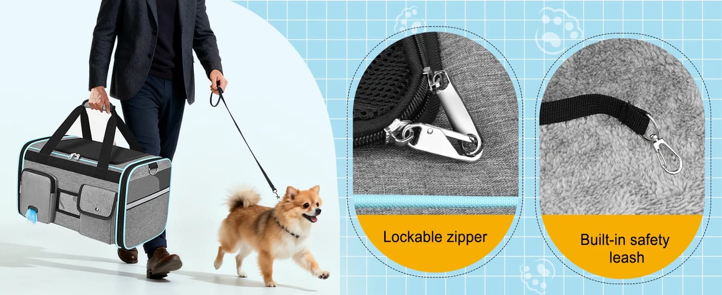Large Cat Carrier — Soft Sided Travel Pet Carrier Airline Approved — The built-in leash ensures your pet won't escape.