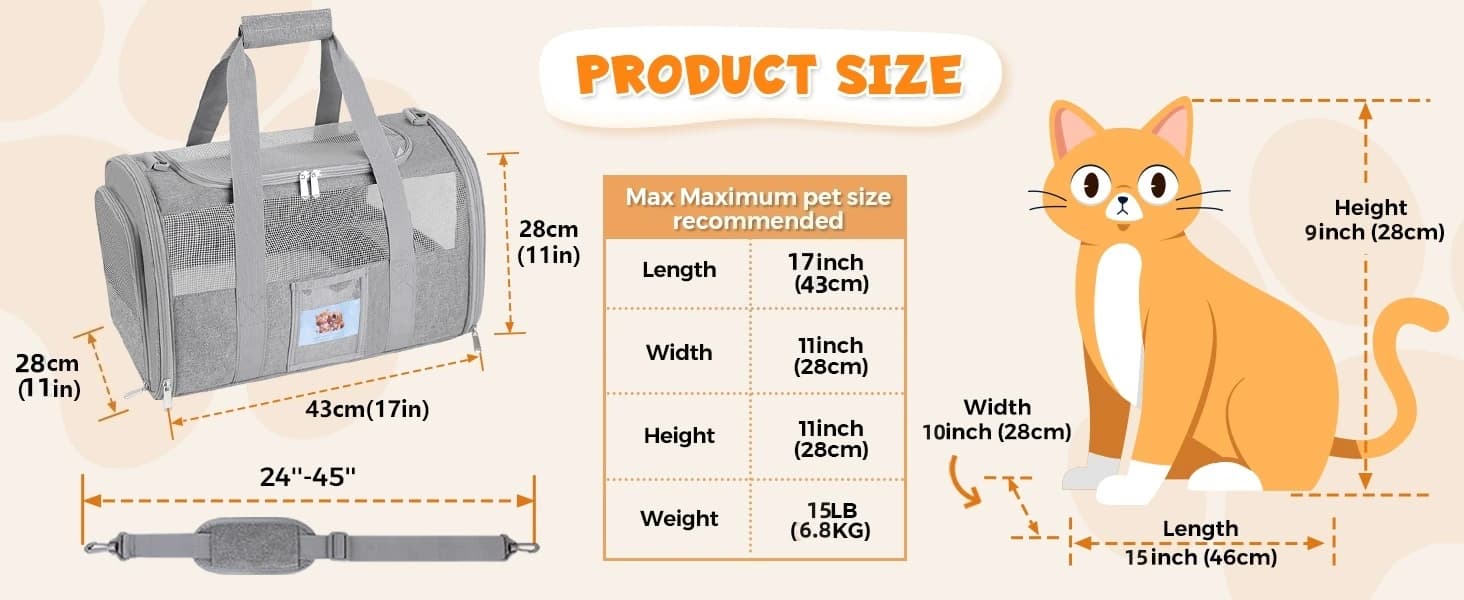 Cat Carriers Soft-Sided Cat Carrier Soft(Up to 16 Lbs) — Breathable Pet Bag — PRODUCT SIZE