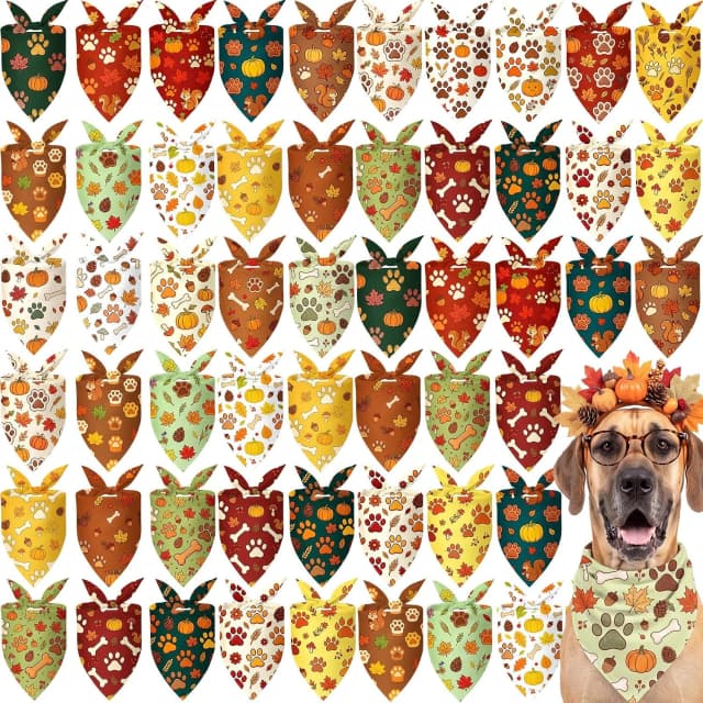 50 Pcs Fall Paw Print Dog Bandanas Bulk — Autumn Thanksgiving Party