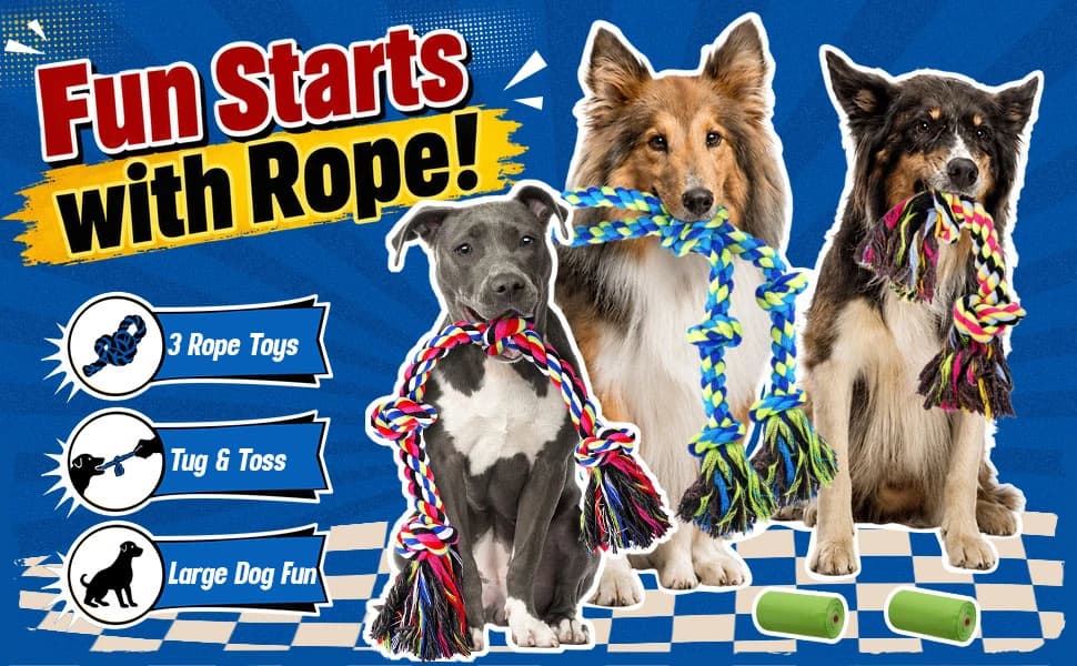 Tough and Strong Dog Rope Toy for Aggressive Chewers — Pull, Tug — and Wag – Triple the Rope Toy Fun for Your dog!