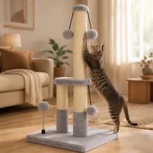Tall Cat Scratching Post, Double Lower Posts Extra Stable Cat Post Tree Scratcher with Sisal Rope and Teasing 4 — Comfortable Stretching Height