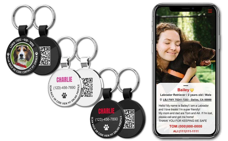 Personalized QR Code Pet ID | Dog and Cat Collar Tag | Online Profile with Instant Scanned Location Alert Email — product details