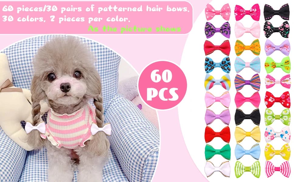 60PCS (30 Paris) Cute Puppy Dog Small Bowknot Hair Bows with Metal Clips Handmade Hair Accessories Bow Pet — product details