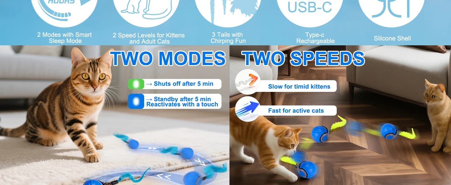 Interactive Cat Toy Ball - Automatic Interactive Cat Toys for Indoor Cats with 3 Tails — 2 Speeds Rechargeable — product details
