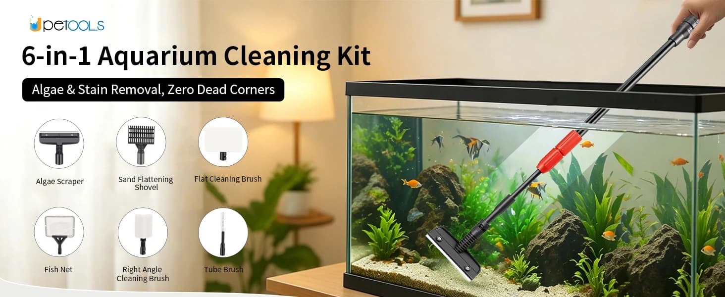 Aquarium Clean Tool — 6 in 1 Fish Tank Cleaning Kit Algae Scraper Scrubber Pad Adjustable Long Handle Fish Tank — product details