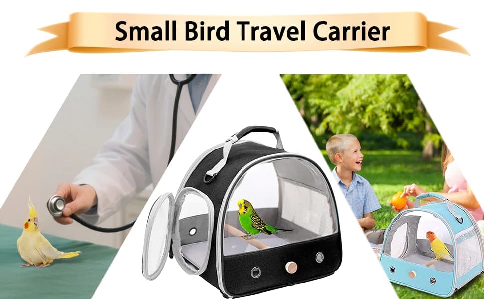 Bird Carrier — Portable Small Bird Parrot Parakeet Carrier with Standing Perch and Mat — Bird travel carrier for parakeet — parrot, cockatiel, conure and budgies small birds