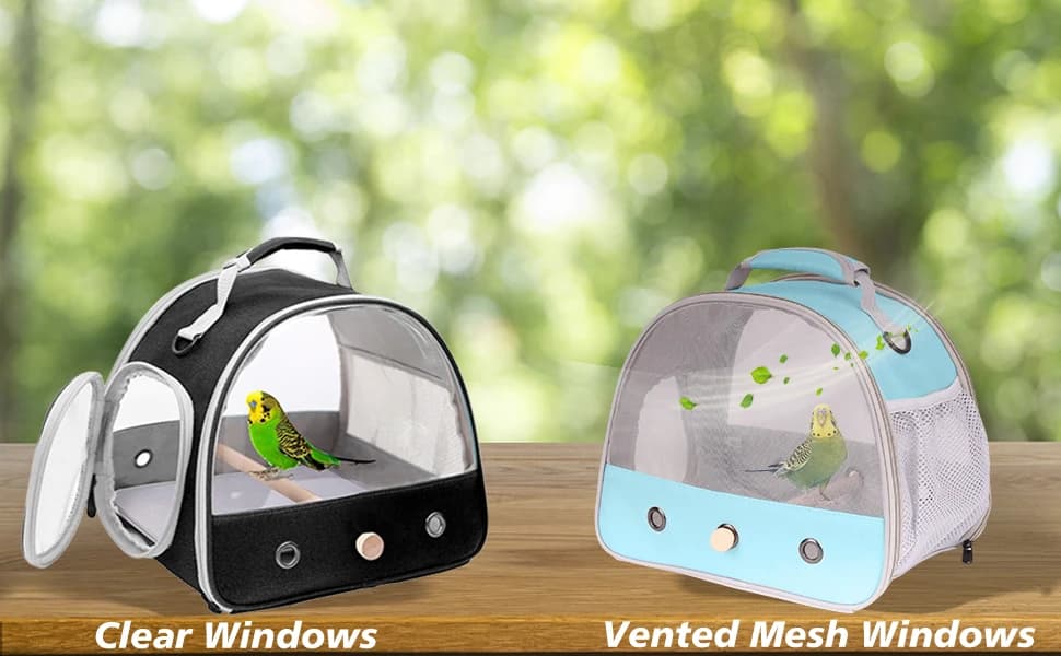 Bird Carrier — Portable Small Bird Parrot Parakeet Carrier with Standing Perch and Mat — Clear Window and Vented Mesh Window Options
