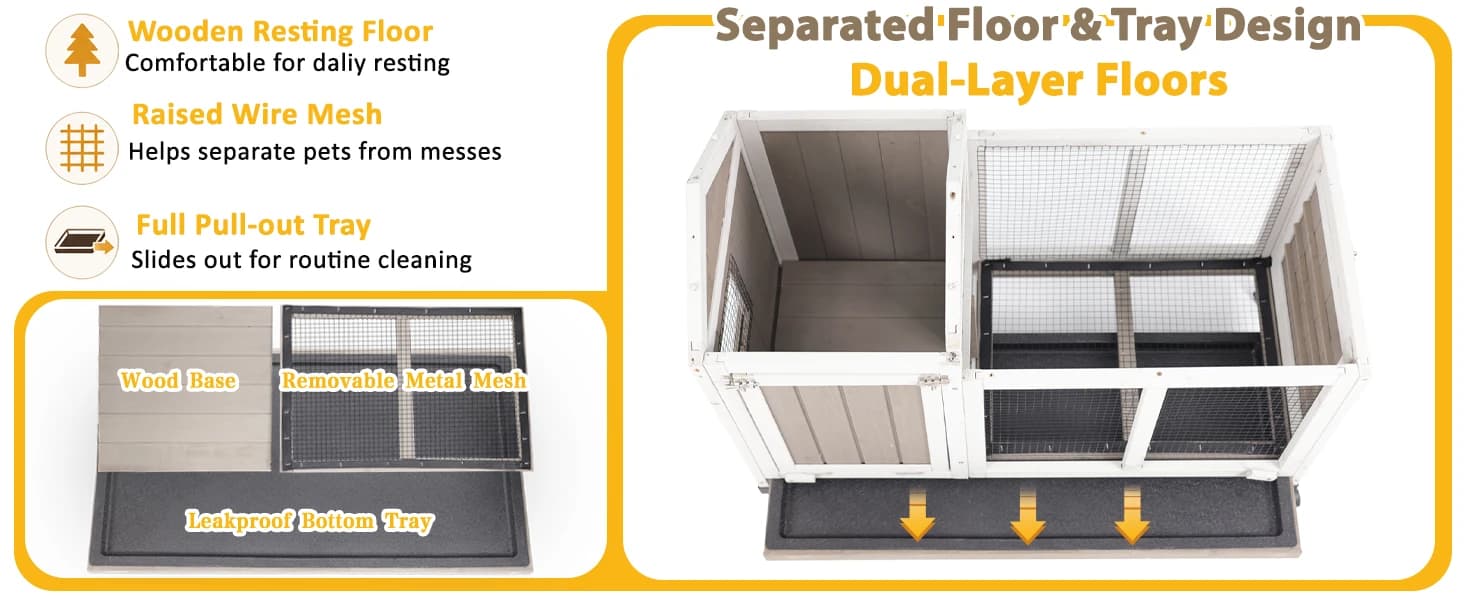 Outdoor Rabbit Hutch 2-Story Indoor Bunny Cage with Run — Outdoor Bunny Cage with Separate Floor and Pull Out Tray, Easy Clean