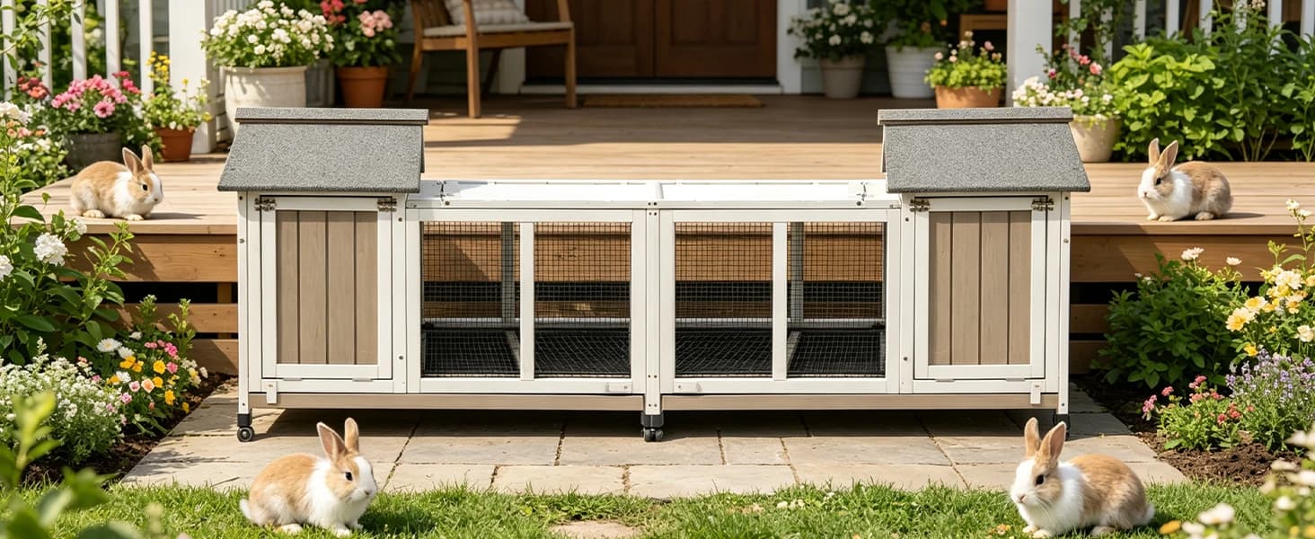 Outdoor Rabbit Hutch 2-Story Indoor Bunny Cage with Run — Small Bunny Cage with Run for Backyard Patio Indoor Use
