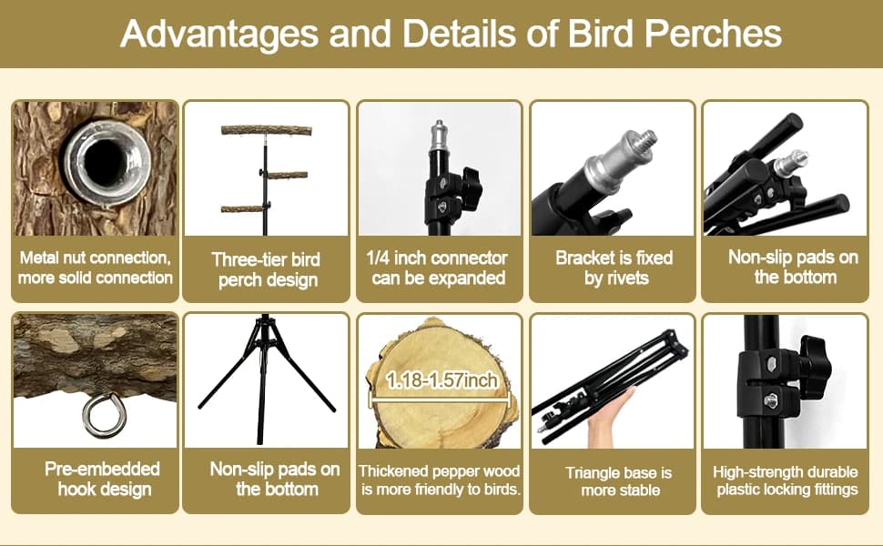 3-Layer 16-63 Inch Height Adjustable Bird Perch Pepper Wood Birds Training Perch Stand Parakeet Perches Outdoor — product details