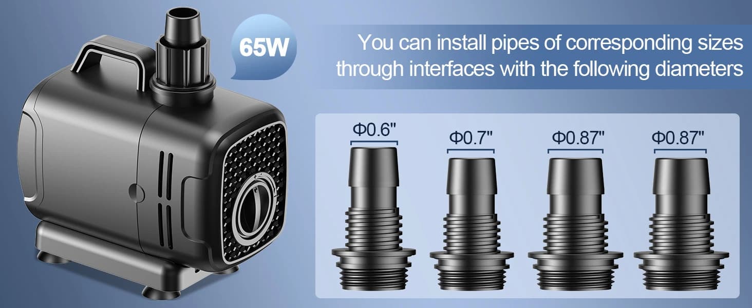 2-in-1 1060GPH Submersible Pump 65W — Choose from — 4 nozzles to match your existing filter tubing perfectly.