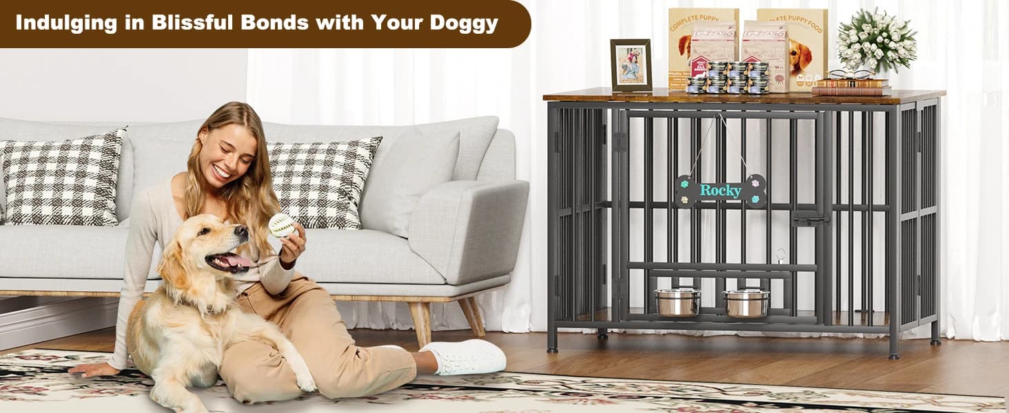 Foldable Dog Crate Furniture for Large Dogs — Rustic Brown (DC108) — Enjoy Your Sweet Time