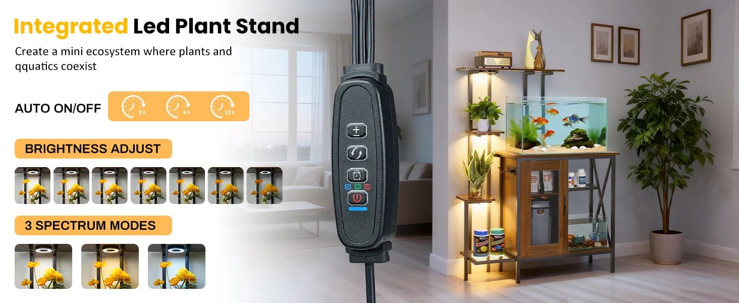 20-29 Gallon Fish Tank Stand with Plant Shelf — One Unit with Three LED Lights