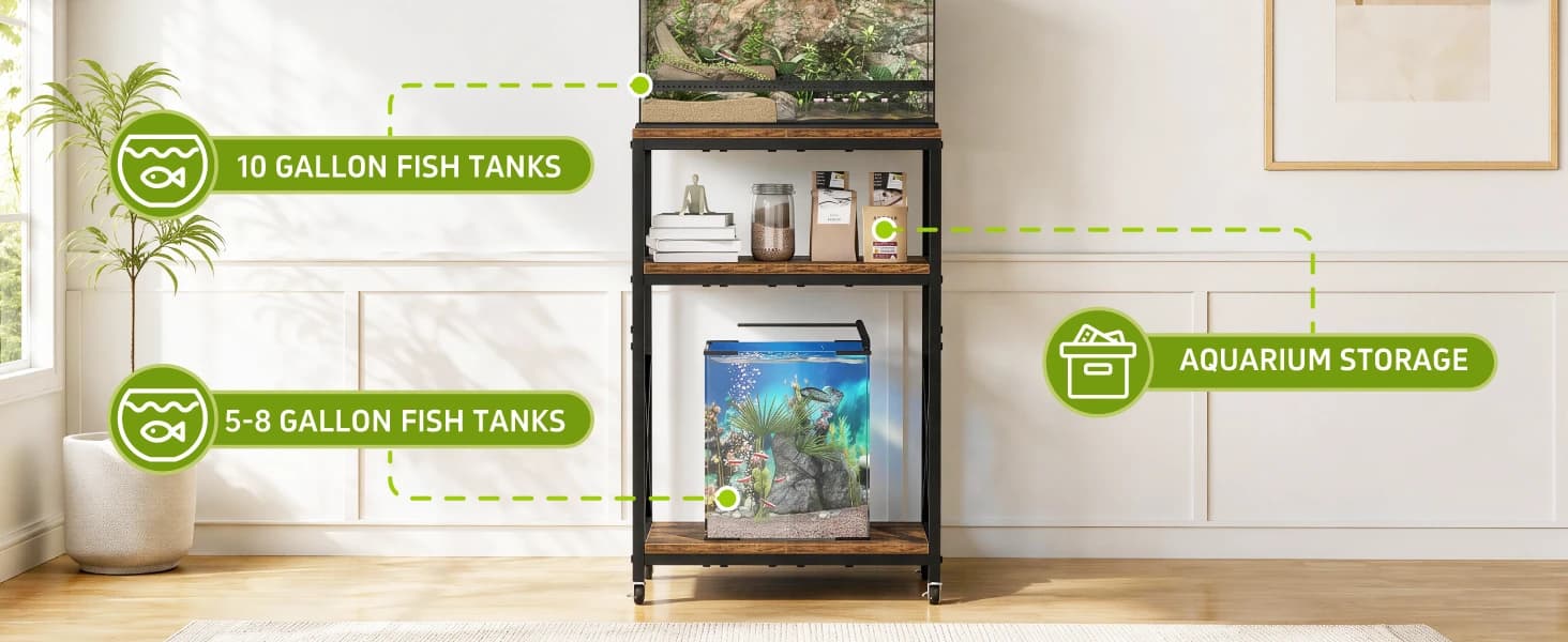 10 Gallon Aquarium Stand — 3-Tier Fish Tank Stand with Wheels — product details