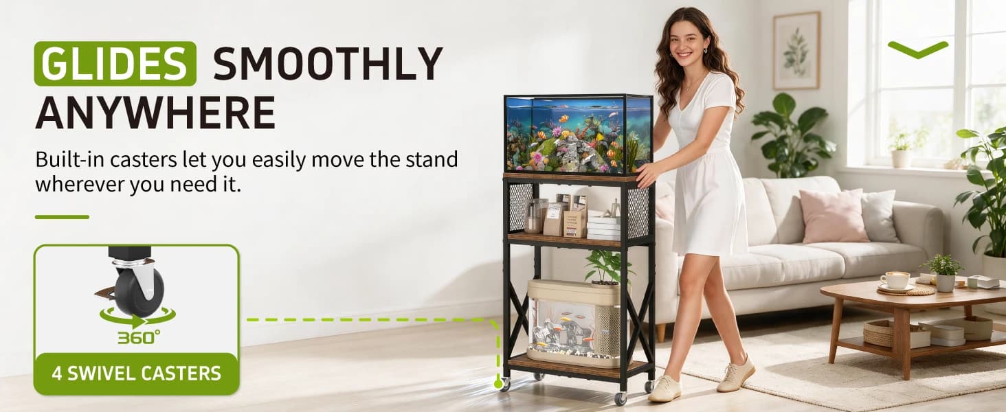 10 Gallon Aquarium Stand — 3-Tier Fish Tank Stand with Wheels — product details