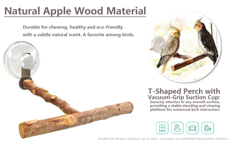 Portable Bird Perch Stand- T-Shaped Natural Apple Wood with Vacuum-Grip Suction Cup for Windows — product details