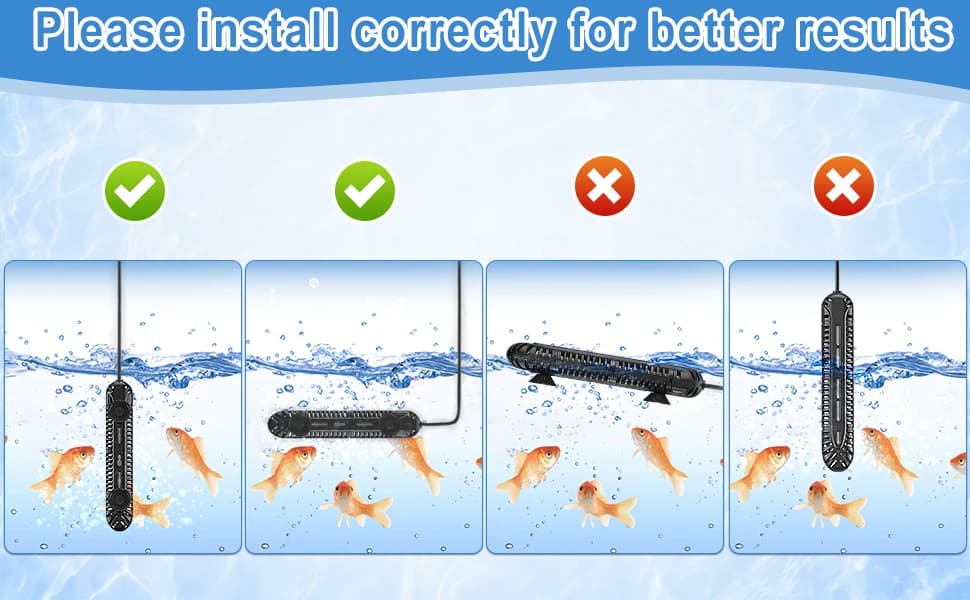 Aquarium Heater — 300W Fish Tank Heater with LED Digital Display & 5 Safety Protection — Correct/Incorrect Installations Examples.