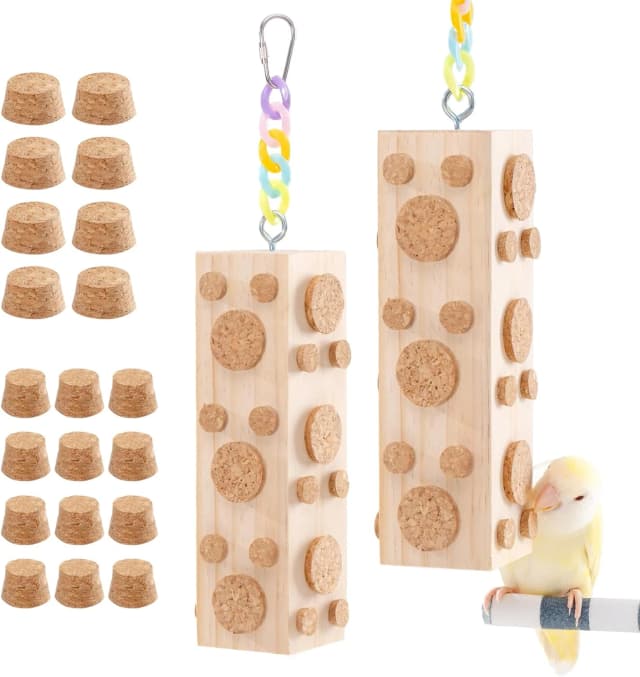 2 Pcs Wooden Bird Chew Toys - 7.9" Hanging Parrot Toys — 92 Detachable Corks