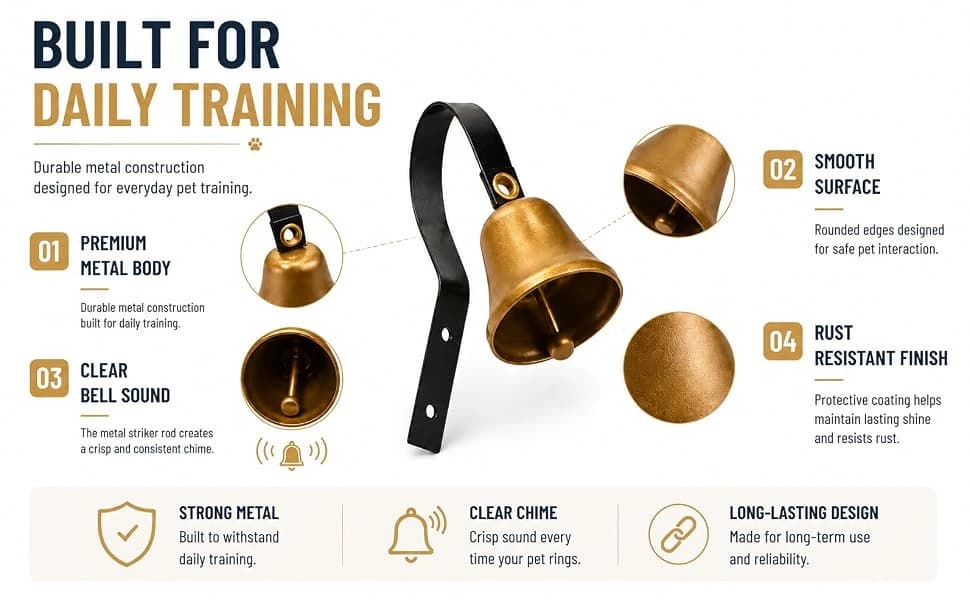 Fixed Metal Dog Doorbell for Potty Training - Heavy Duty Steel Wall Mounted Dog Bell for Door to Ring to Go — product details