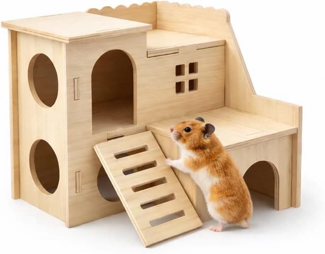 Tiny Hamster Maze Wood House Fun Slide House — Double-Decker Hut for Dwarf Gerbil Mouse Mice Rat Small