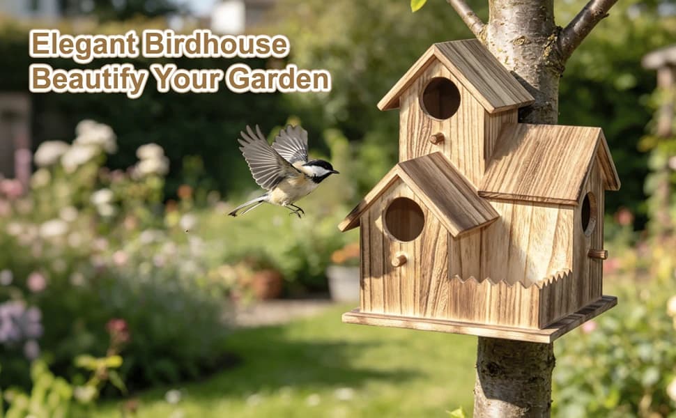 Large Wooden Bird House for Outside — 3-Hole Birdhouse — product details