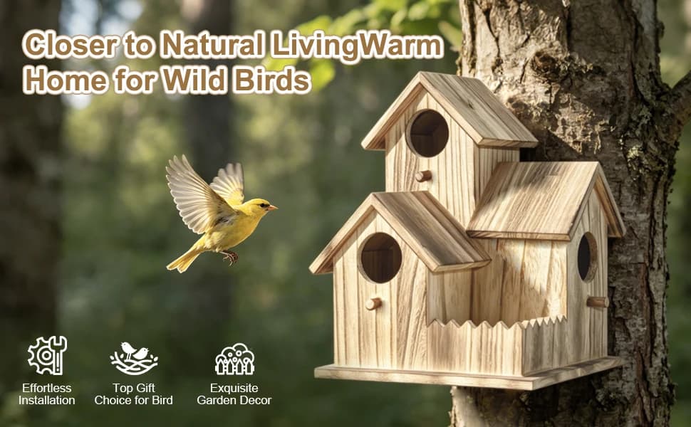 Large Wooden Bird House for Outside — 3-Hole Birdhouse — product details