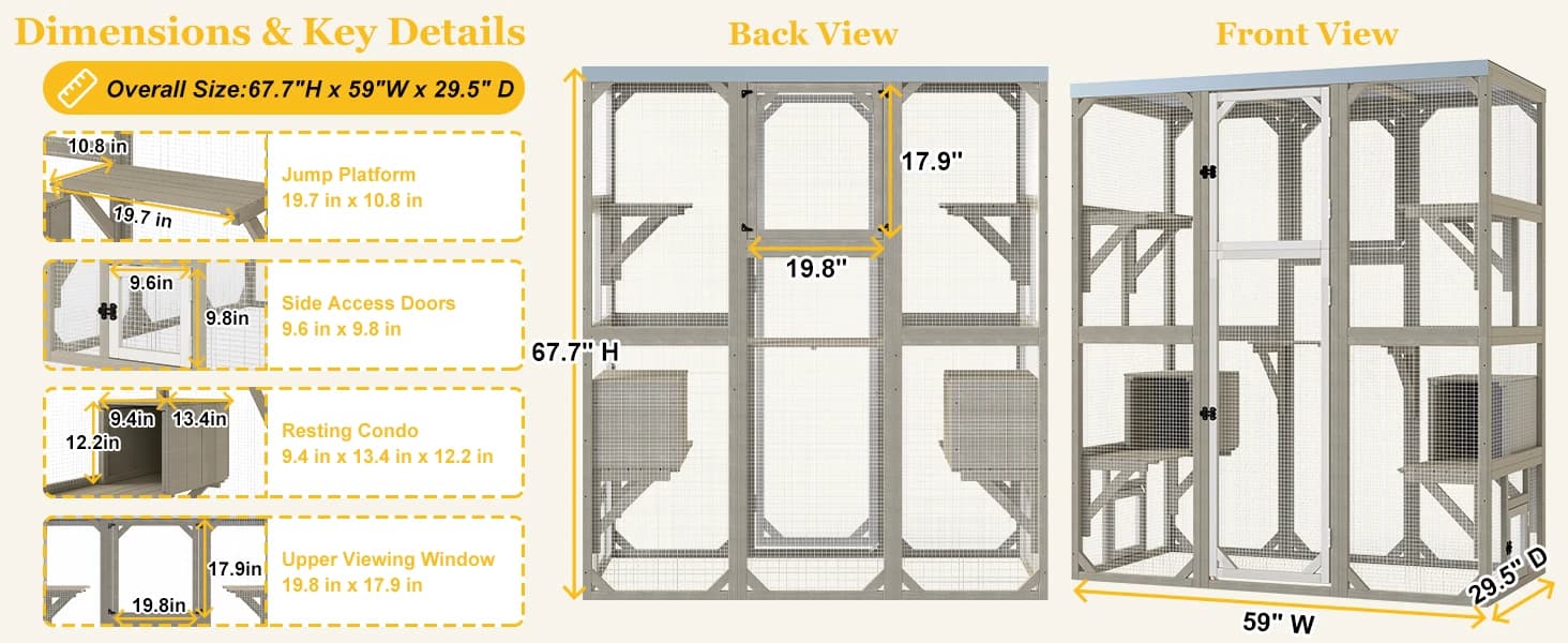 Outdoor Cat Catio Enclosures Large Wooden Cat House Patio for Indoor Cats Feral Cat Shelter with 2 Espace Doors — Dimensions and Key Features Details for Large Outdoor Catio