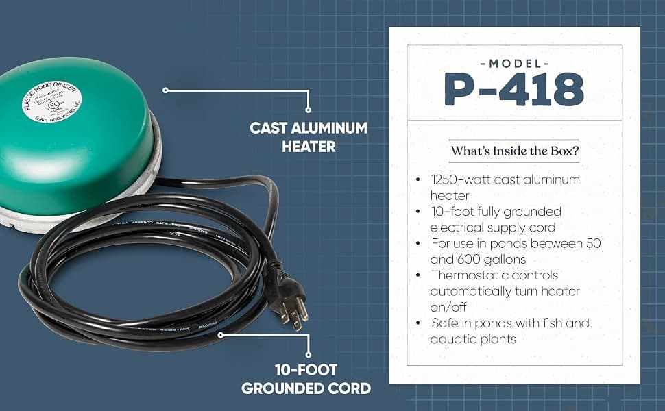 1250 Watts 7.5 Inch Cast Aluminum Floating Outdoor Pond De Icer Heater with Built in Thermostat Control and 10 — product details