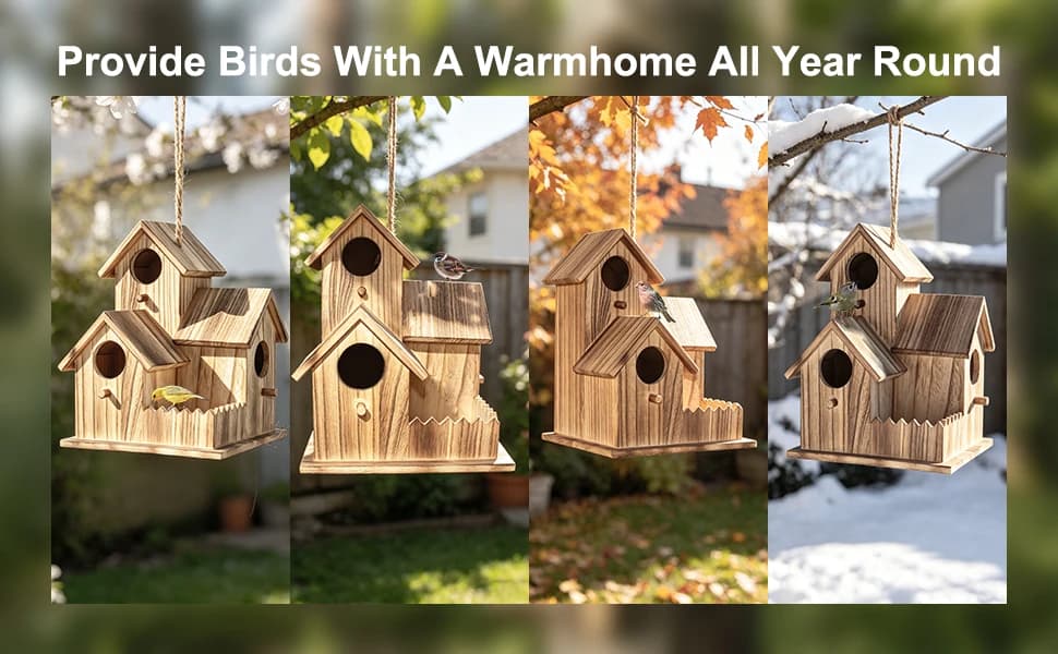 Large Wooden Bird House for Outside — 3-Hole Birdhouse — product details