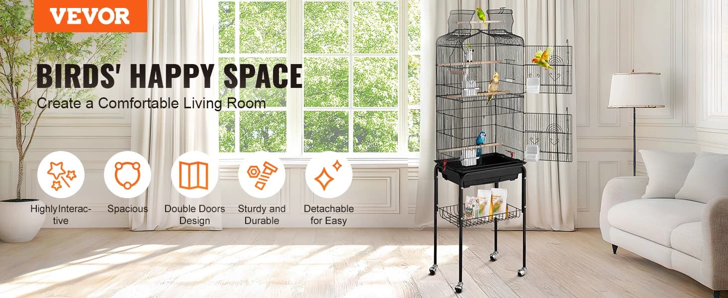 64-inch Open Top Large Parrot Bird Cage with Detachable Rolling Stand for Parakeets Finches Canaries Lovebirds — 64 in Large Bird Cage with Rolling Stand