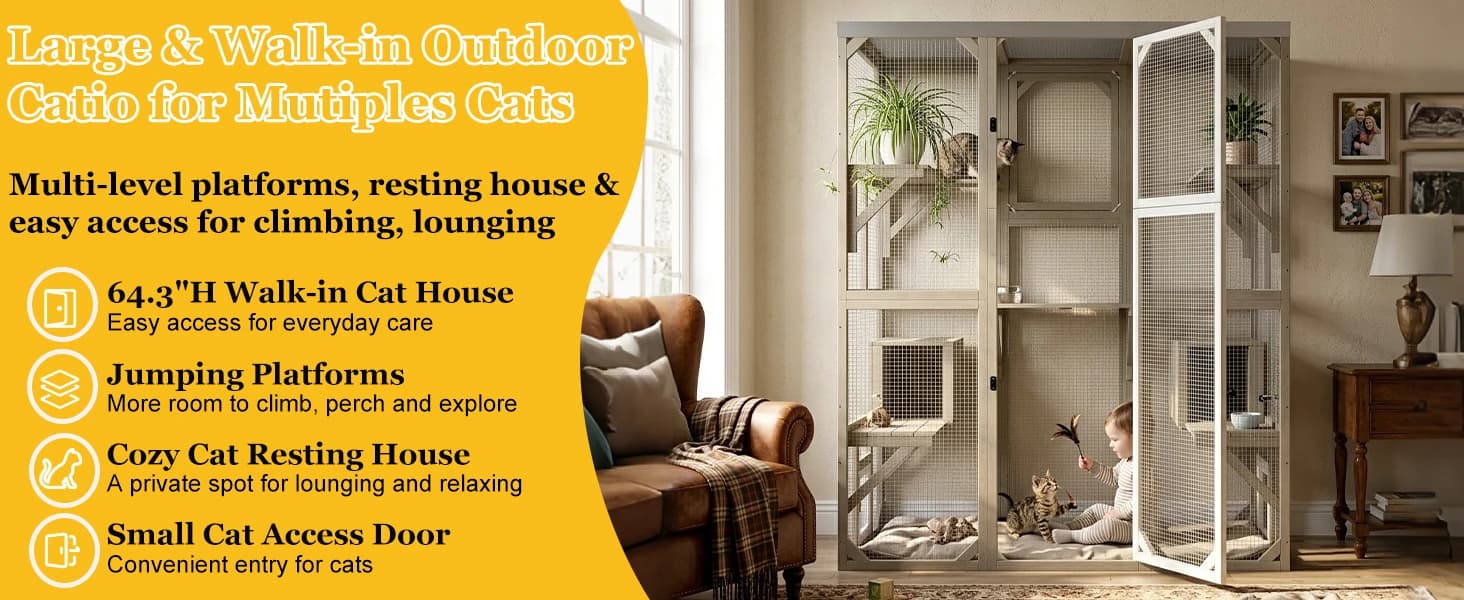 Outdoor Cat Catio Enclosures Large Wooden Cat House Patio for Indoor Cats Feral Cat Shelter with 2 Espace Doors — collection imagery