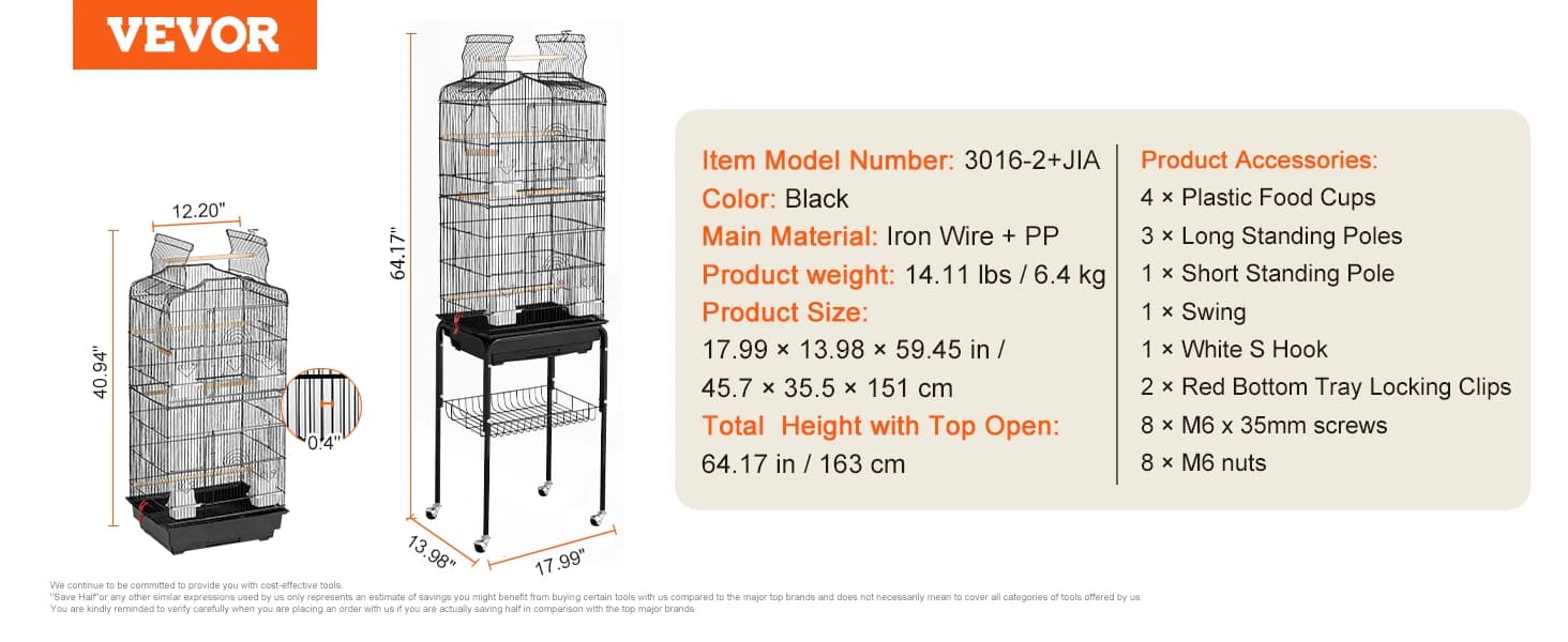 64-inch Open Top Large Parrot Bird Cage with Detachable Rolling Stand for Parakeets Finches Canaries Lovebirds — product details