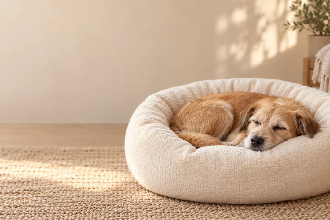 Illustrative photograph of a dog resting in a soft bed